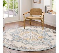 Livabliss Round Ankara Vintage Ice Blue Medium Grey Traditional Boho Living Room Rug 160 X 160 Cm