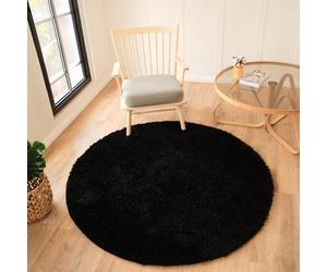 Livabliss Round Moda Shaggy-Solid Color Black Plush Soft Pile Living Bedroom Rug 120 X 120 Cm Easy Care, Non Shedding