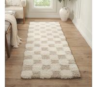 Livabliss Shaggy Modern Plush Pile Light Beige Checkered Willa Runner Rug 80 X 220 Cm - Easy Care, Ideal For Hallway Or Beside The Bed