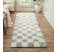 Livabliss Urban Shag-Modern Ivory Grey Checkered Soft Plush Pile Rug - 80 x 220 cm