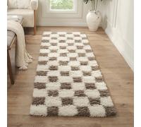 Livabliss Urban Shaggy-Modern Cream Brown Checkered Soft Plush Pile Living Bedroom Rug 80 X 220 Cm Easy Care, Non Shedding