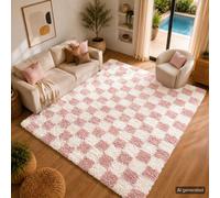 Livabliss Urban Shaggy Modern Ivory Dusty Pink Checkered Soft Plush Pile Rug 130 X 170 Cm