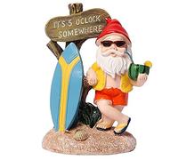 LIVASH Resin Funny Gnome Figurines with Surfboard Welcome Sign It's 5 O'Clock Somewhere Statue for Home Garden Yard Decoration