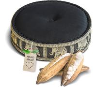 livasia meditation cushion with Thai silk - Ø 18x6″ - Yoga cushion kapok, Pouffe, Floor cushion yoga Zen meditation, Seat cushion garden balcony, Zafu (Black/Elephants, Silk)