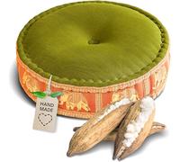 livasia meditation cushion with Thai silk - Ø 18x6″ - Yoga cushion kapok, Pouffe, Floor cushion yoga Zen meditation, Seat cushion garden balcony, Zafu (Green/Orange/Elephants, Silk)