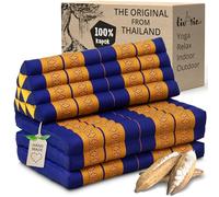 livasia Thai cushion with 3 seat rests for couples - 75x31x3.1″ - XXL, Triangle cushion with folding mattress, Extra wide, kapok, Back support cushion, Thai mat, folding (Blue/Yellow)