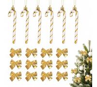 Livawnd Christmas Hanging Decorations, 18Pcs Gold Candy Cane & Bow Set | Gold Christmas Hanging Ornament Set, Plastic & Fabric Candy Canes Bows for Xmas Tree Door Wreath Holiday Party Decor
