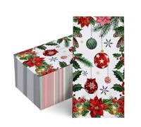 Livcoz 100 PCS Christmas Poinsettia Disposable Paper Napkins, Xmas Ball Pine Cone Bathroom Hand Towels Decorative Dinner Guest Napkin, Winter Holiday Kitchen Dinning Table Party Decor 8 x 4 Inches