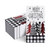 Livcoz 100 PCS Merry Christmas Tree Disposable Paper Napkins, Xmas Bathroom Hand Towels Decorative Dinner Guest Napkin, Winter Holiday Buffalo Plaid Farmhouse Kitchen Dinning Table Party Decor 8x4 In