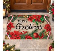 Livcoz Christmas Doormat 32x48in Merry Christmas Welcome Mat Red Poinsettia | Candy Cane Holiday Front Door Mat Rustic Wood Winter Outdoor Indoor Entrance Rug Seasonal Home Decor