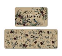 Livcoz Hello Winter Pine Cone Needle Kitchen Rugs Set of 2, Bluebird Snowflake Cotton Leaves Holly Berry Floor Mats Home Decor, Botanical Christmas Door Mat Decorations - 17x29 and 17x47 Inches