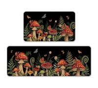 Livcoz Mystical Forest Mushroom Kitchen Rugs Set of 2, Fairy Tale Fern Plant Dark Cottagecore Floor Mats Home Decor, Boho Witchy Nature Door Mat Decorations - 17x29 and 17x47 Inches