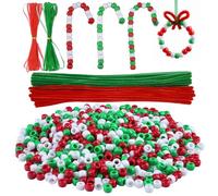 Livder Christmas Beaded Ornament Kit, Include 1000 Pieces Red Green White Plastic Beads, 60 Pieces Chenille Stems, 64 Feet Ribbon for Xmas Wreath Tree Decorations DIY Crafts Jewelry Making