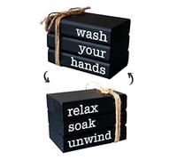 LIVDUCOT Farmhouse Mini Book Stack for Bathroom Decor Bathroom Accessories Half Bathroom Decor Wooden Mini Books for Restroom Shelf Decorative Accent for Guest Bathroom,2 Signs in 1 Reversible