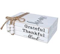 LIVDUCOT Wooden Farmhouse Decor Faux Book Stack (Set of 3 for Coffee Tables and Shelves) | Grateful, Thankful, Blessed Home Sign, 5.5' x 7' x 2.5'