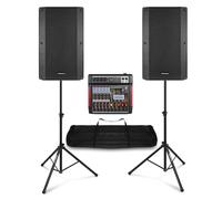 Live Band PA System with 15 inch Vonyx VSA150S Bluetooth Speakers, Six-Channel PDM-T604 Mixer with DSP, Speaker Stands, Cables, PA Setup for Bands, Singers, and Church Use