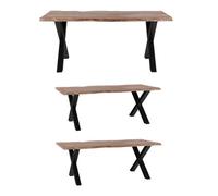 Live Edge Large Acacia Wood And Metal Dining Table Set And 2 Benches