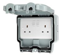 LIVE Electrical WJ2G2P-G Weatherproof IP66 2 Gang 13A Double Pole Switched Socket - Grey