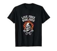 Live Free Ride Free Skull Flames Motorcycle Biker Design T-Shirt