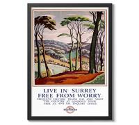Live in Surrey Free From Worry Print, British Railways Poster, Vintage UK Wall Art, Framed Retro Decor, Gift Idea, Archival Matte, A2 (Framed) - 59.4x42cm