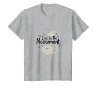Live in The Meowment: Cute Cat Lover Pun T-Shirt, Kids, Heather Grey, 10 Years