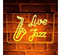 Live Jazz Music LED Neon Sign - Multicolour Sax Wall Light for Bar, Pub, Blues Club, Home Décor Studio - USB powered (Yellow)