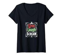 Live, Laugh, Scream: Spooky Halloween Humor V-Neck T-Shirt, Women, Black, M
