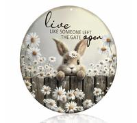 "Live Like Someone Left The Gate Open" Charming Bunny & Daisy Metal Aluminum Sign Wall Decor for Living Room, Porch, Bedroom, Coffee Shop, Kitchen - 8x8 Inches Farmhouse Decor (26026)