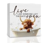 Live Like Someone Left The Gate Open Highland Cow Ornaments Wood Signs, Highland Cow Gifts for Women Men, Funny Vintage Decor for Farmhouse Rustic Home Farm Bathroom Kitchen Office Desk 5x5 Inch