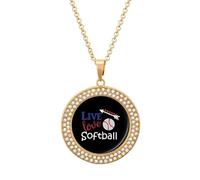 Live Love Softballs Fashion Necklace Chain Round Graphic Pendant with Diamond Jewellery Golden-style