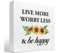 Live More Worry Less and Be Happy Sunflower Wood Block Sign Rustic Inspirational Decor for Home Bedroom Office Shelf Table 5x5 Inches