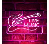 Live Music Guitar LED Neon Light Sign - Multicolour Hanging Wall Display for Home Bar, Pub, Man Cave or Music Room | USB Powered (Pink)