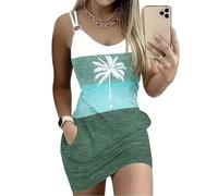 Live Simple Coconut Tree Color Block Pocket Mini Dress Women Summer Beach Sleeveless Strap Tshirt, As Shown8, XL