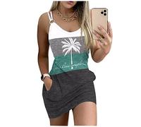 Live Simple Coconut Tree Color Block Pocket Mini Dress Women Summer Beach Sleeveless Sundress Vacation Tank Dress, As Shown 1, XL