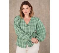Live Unlimited London Cotton Rich Checked V-Neck Bow Detail Blouse Green Mix