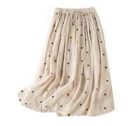 Live Your Dream Pleated Skirt Retro Elastic Waistband Arge Cotton Linen Hem Long Skirt for Women with Lace Hem, beige, XXL