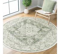 LIVEBOX Medallion Round Area Rug 5ft, Vintage Washable Sage Green Circle Rug for Bedroom, Low-Pile Soft Round Carpet for Living Room, Ideal for High Traffic Areas in Entryway