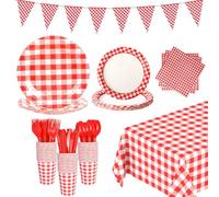 LiveGo 142Pack Party Supplies for 20 Guests Disposable Tableware Kits with Banner, Tablecloth, Paper Plates, Cups, Napkins, Cutlery for Birthday Picnic BBQ Wedding Party Decorations (Chequer Red)