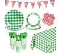 LiveGo 142Pack Party Supplies for 20 Guests Disposable Tableware Kits with Banner, Tablecloth, Paper Plates, Cups, Napkins, Cutlery for Birthday Picnic BBQ Wedding Party Decorations (Chequer Green)
