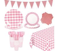 LiveGo 142Pack Party Supplies for 20 Guests Disposable Tableware Kits with Banner, Tablecloth, Paper Plates, Cups, Napkins, Cutlery for Birthday Picnic BBQ Wedding Party Decorations (Chequer Pink)