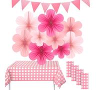 LiveGo 14Pcs Picnic Party Decorations Set, Party Supplies Include Pennant Banner, Hanging Paper Fans, Round Lanterns, Plastic Disposable Tablecloth for BBQ Picnic Wedding Birthday (Pink Flowers)