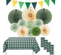 LiveGo 16Pcs Picnic Party Decorations Set, Party Supplies Include Pennant Banner, Hanging Paper Fans, Round Lanterns, Plastic Disposable Tablecloth for BBQ Picnic Wedding Birthday (Sage Green&Beige)