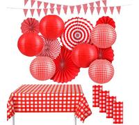 LiveGo 18Pcs Picnic Party Decorations Set, Party Supplies Include Pennant Banner, Hanging Paper Fans, Round Lanterns, Plastic Disposable Tablecloth for BBQ Picnic Wedding Birthday (Chequer Red)