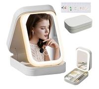 LiveGo 3-Color LED Travel Jewelry Case and Makeup Bag with Mirror, Dust-Proof Jewelry Box, 10 Sealed Jewelry Bags - Compact Cosmetic Mirror Case for Women Girls Travel Essentials (White)