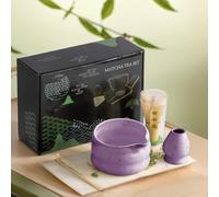 LiveGo 4PCS Matcha Tea Whisk Set - Handmade Bamboo Chasen, Ceramic Matcha Bowl with Spout, Scoop & Sifter - Complete Matcha Whisking Kit for Traditional Japanese Tea Ceremony (Purple)
