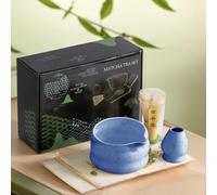 LiveGo 4PCS Matcha Tea Whisk Set - Handmade Bamboo Chasen, Ceramic Matcha Bowl with Spout, Scoop & Sifter - Complete Matcha Whisking Kit for Traditional Japanese Tea Ceremony (Blue)