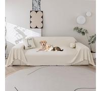 LiveGo Chenille Sofa Cover for 3 Seater, Soft Non-Slip Slipcover with Tassel, All-Season Washable Couch Protector for Dogs, Decorative Futon & L Shaped Sofa Cover (BH Beige, 180×380 cm)