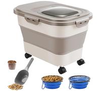 LiveGo Collapsible Pet Food Storage Bin 20-23Lbs Capacity - Includes Scoop, Travel Silicone Bowl and Attachable Wheels, Ensuring Dry Food Freshness and Easy Mobility (khaki)