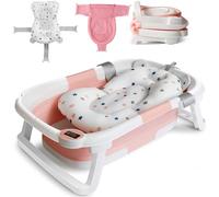 LiveGo Foldable Baby Bath Tub with Digital Thermometer - Collapsible Newborn Bathtub with Soft Cushion & Mesh Support Net - Anti-Slip Portable Travel Spa for Infants & Toddlers 0-3 Year (Pink Star)