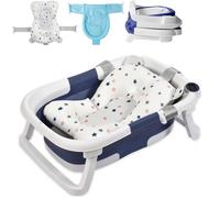 LiveGo Foldable Baby Bath Tub with Digital Thermometer - Collapsible Newborn Bathtub with Soft Cushion & Mesh Support Net - Anti-Slip Portable Travel Spa for Infants & Toddlers 0-3 Year (Blue Star)